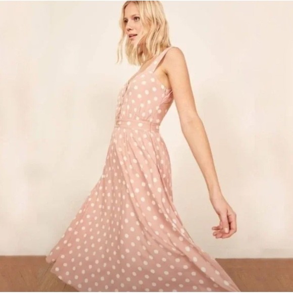 Reformation Lanai Pink Polka Dot Midi Dress Button Front Sleeveless Backless L - Picture 1 of 7